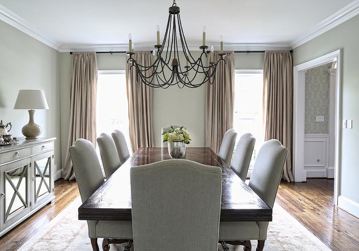 Rectangular Dining table with Gray Linen Camelback Dining Chairs .