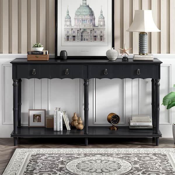 Angel Sar 63 in. Black Standard Rectangle Wood Console Table with .