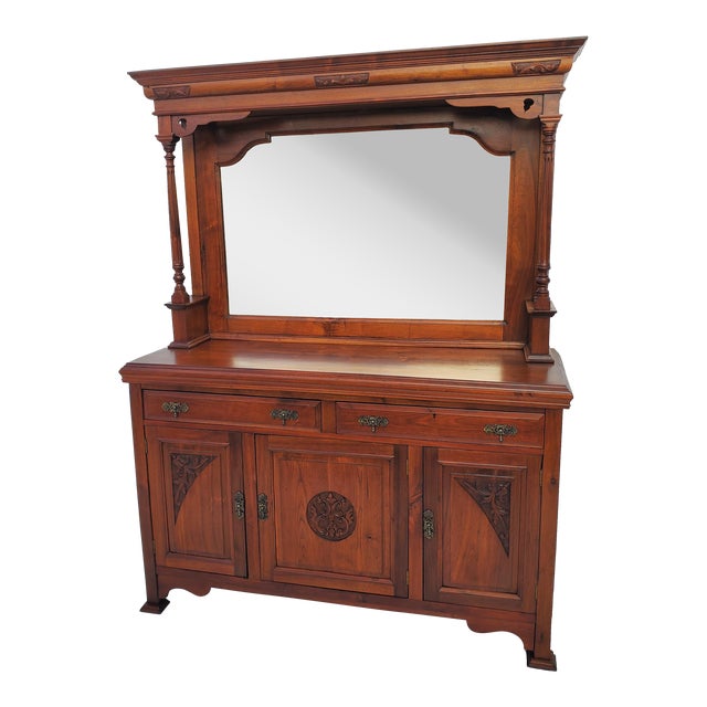 Antique Victorian Carved Solid Walnut Sideboard / Buffet Cabinet .