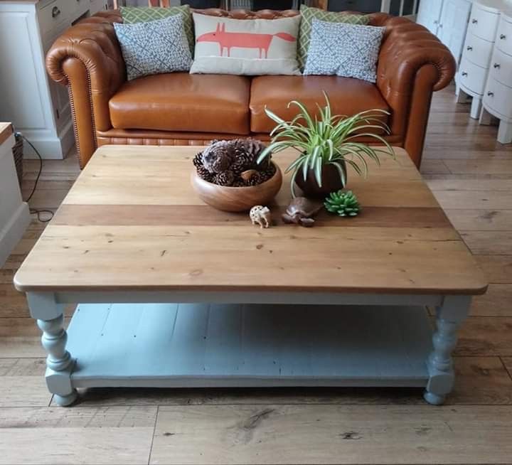Refurbished large pine coffee table with storage. Grey shabby chic .