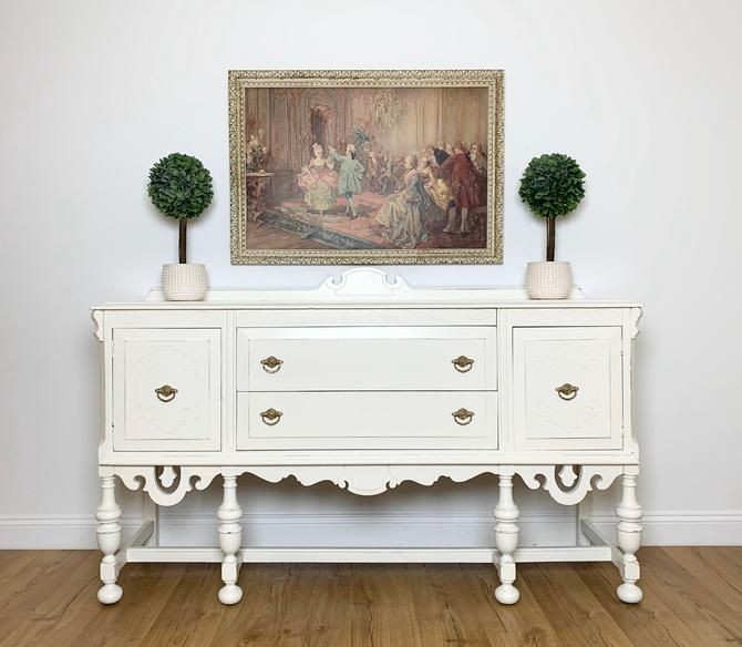 NEW - Vintage White Jacobean Sideboard Buffet, Painted Antique .