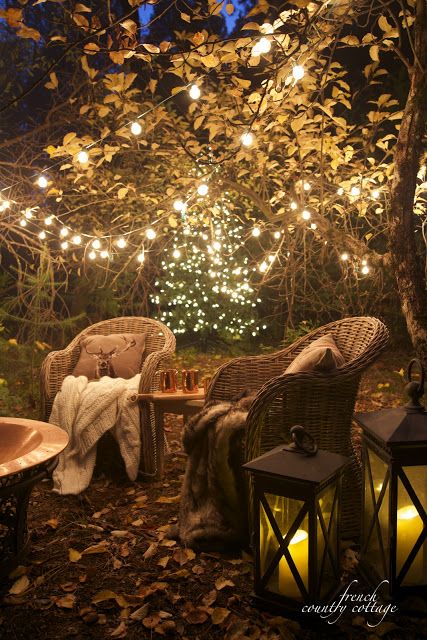 Evening view~ Christmas lights | French country cottage, Backyard .