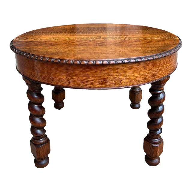 19th Century English Round Dining Center Table Barley Twist Carved .
