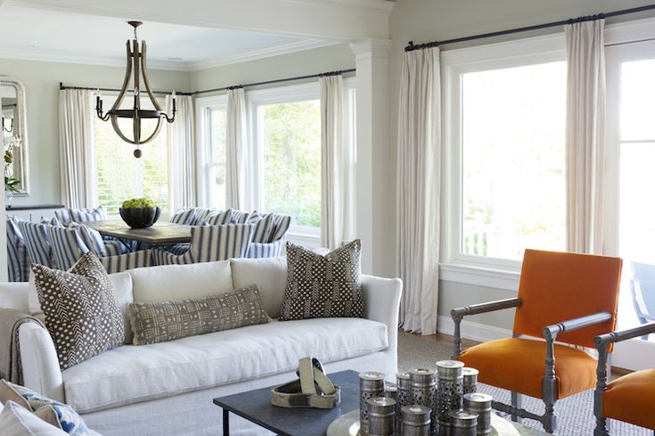 Orange Accent Chairs - Transitional - Living Room | Blue curtains .