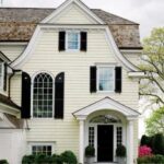 exterior paint colors – cream, white and black shutters and .