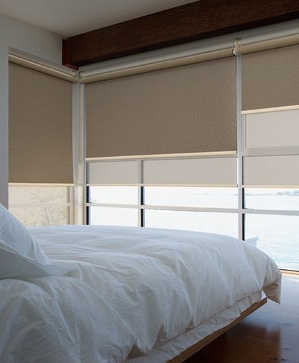 Double roller blinds for bedrooms and living area windows. Also .