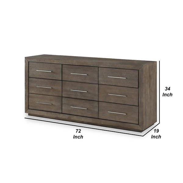Nels 72 Inch 9 Drawer Wood Dresser with Bar Handles, Distressed .