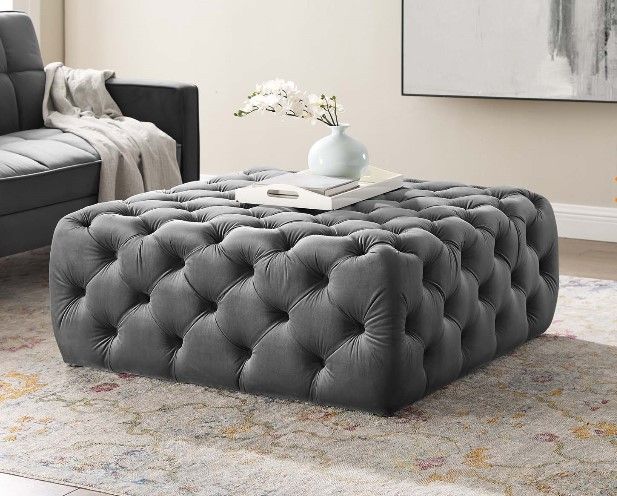 Silver Grey Velvet Totally Tufted Square Ottoman Coffee Table .