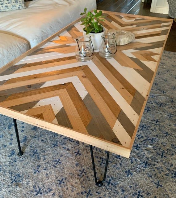 Coastal Herringbone Wood Coffee Table Rustic Table Geometric .