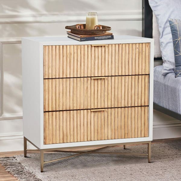 Benjara 3-Drawer White and Gold Small Dresser Nightstand with .