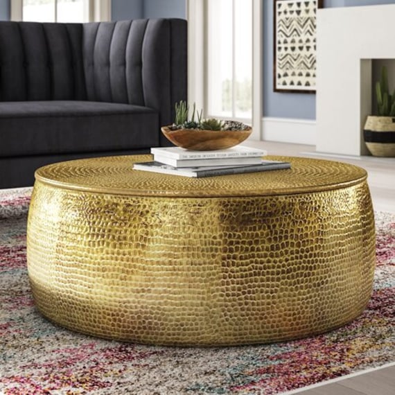 Wooden Indian Hammer Brass Punched Round Coffee Table - Et