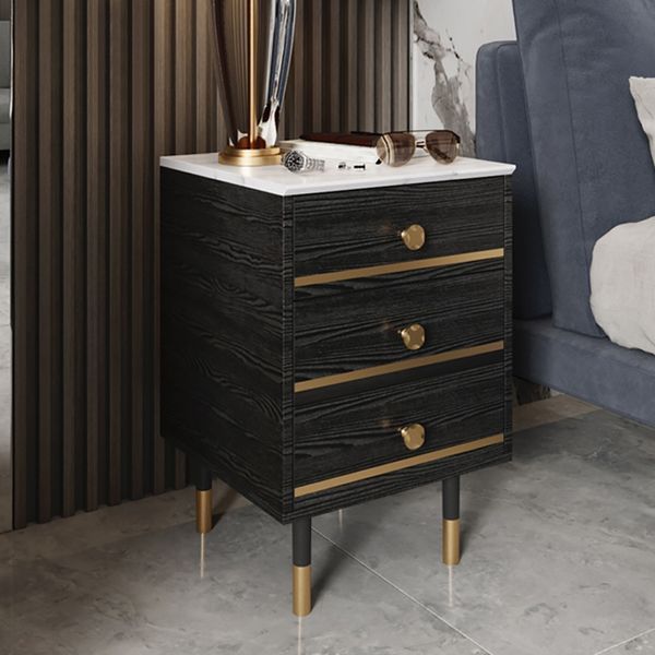 Modern Black Nightstand White Faux Marble Top Bedside Cabinet with .
