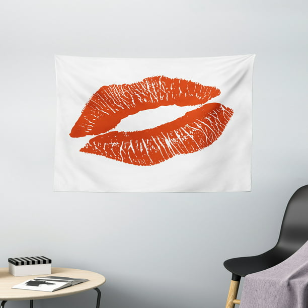 Kiss Tapestry, Print of Red Lips Kiss Mark on White Background .
