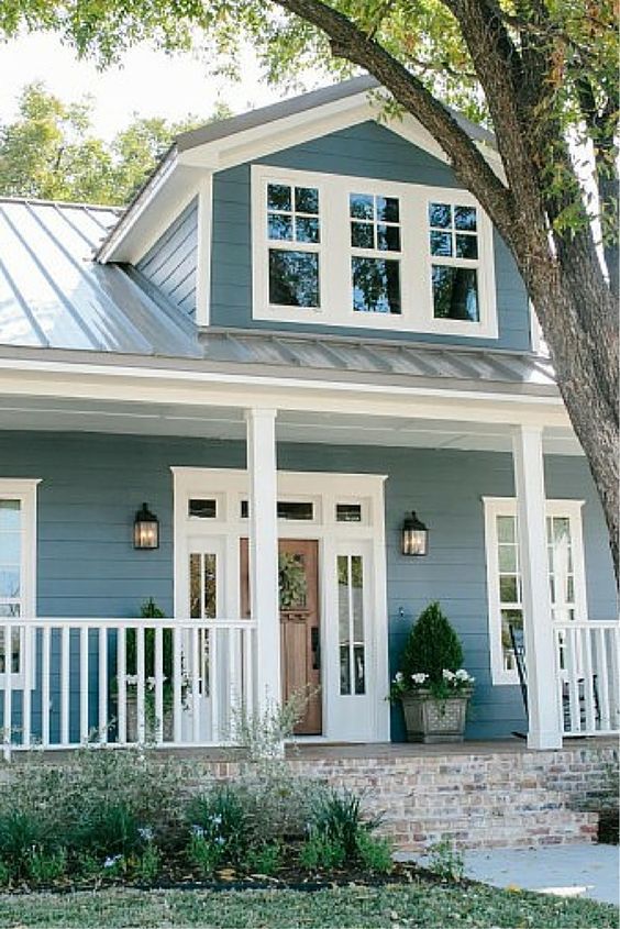 New blue siding and front porch: | House paint exterior, House .