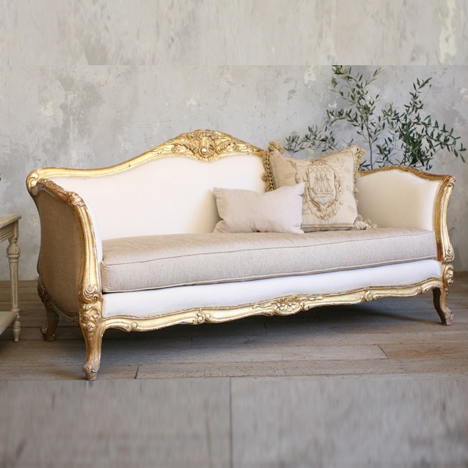 Vintage Luxurious Vintage Settee with Gold Gilt Frame | French .