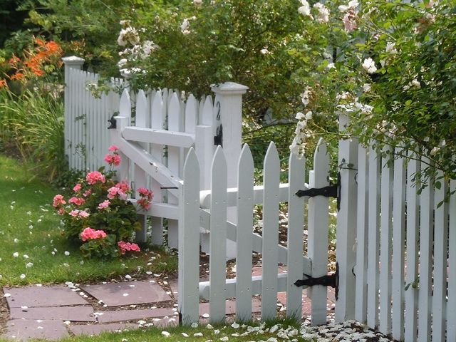 Colonial garden gate | White garden fence, Wood fence design .