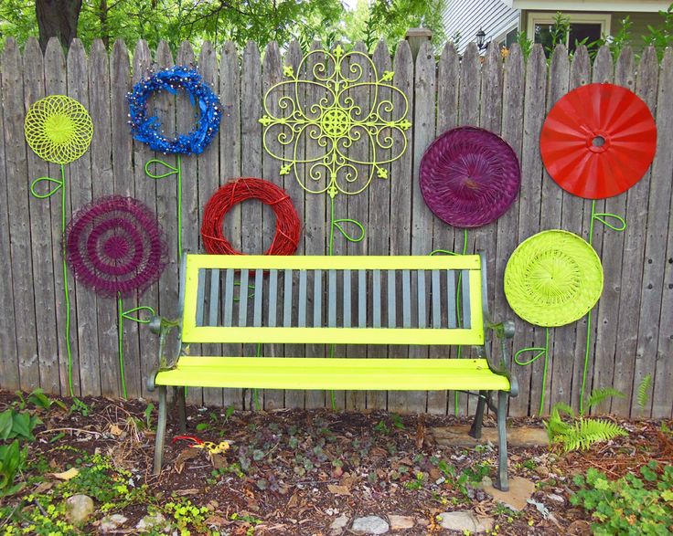Recycled Garden Flower Garden Wall Folk Art With Park Bench .