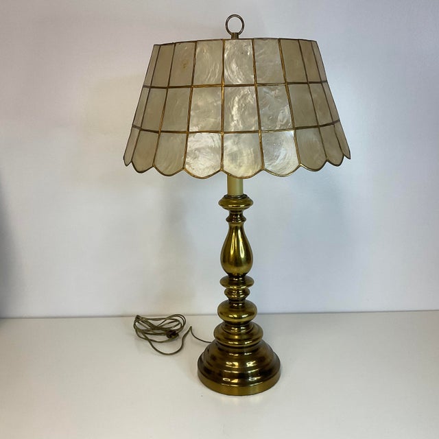 Mid-Century Brass Table Lamp With Brass and Capiz Shell Shade .