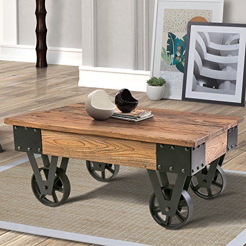 Wood Coffee Metal Wheels, End Table/Living Room Set/Rustic Brown .