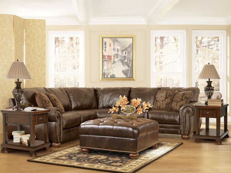 TRADITIONAL DARK BROWN BONDED LEATHER SECTIONAL COUCH LIVING ROOM .