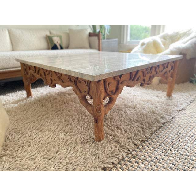 Mid 20th Century Large Marble and Carved Wood Coffee Table | Chairi