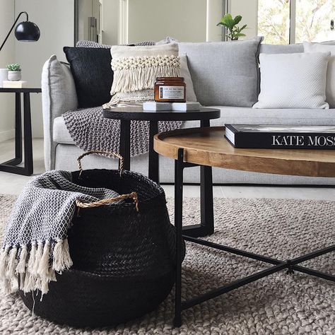 Jute natural rug + light grey couch + wood coffee table | Grey .