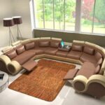 Italian Carved Luxurious U Shaped Leather Sectional Sofa Set .