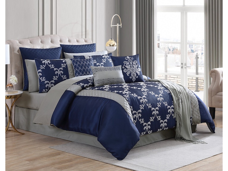 Hallmart Collectibles Bedroom Gracyn Navy 14 PC King Comforter Set .