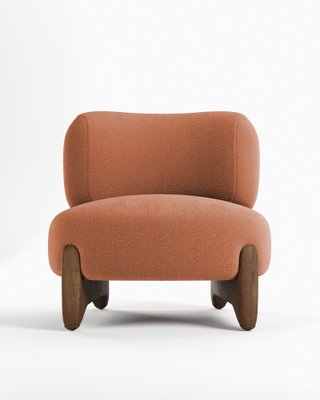 Modern Tobo Armchair in Fabric Boucle Burnt Orange and Smoked Oak .