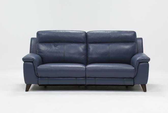 Moana Blue Leather 87" Power Dual Reclining Sofa with USB .
