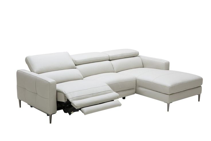 Light grey leather sectional sofa with adjustable back height .