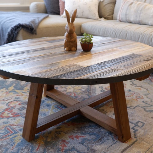Round Wooden Coffee Table With X Style Farmhouse Solid Wood - Et