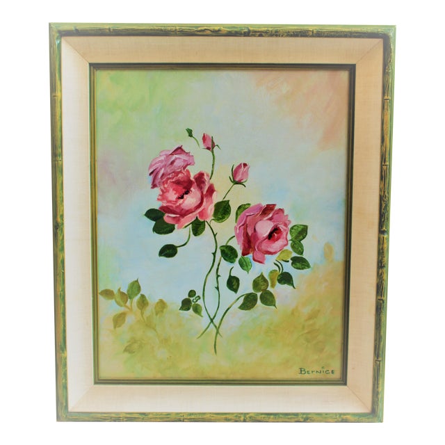 1960's Signed Still Life Oil Pale Pastel Roses Oil Painting | Chairi