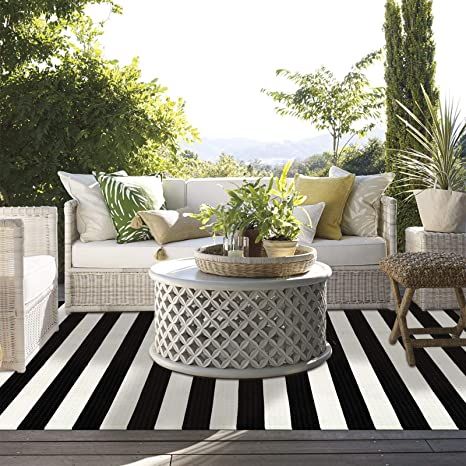 LEEVAN Black and White Striped Area Rug 4 x 6 ft Outdoor Patio Rug .
