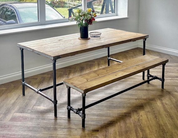 Scaffold Board Dining Table & Bench Set on Steel Tube Pipe - Et