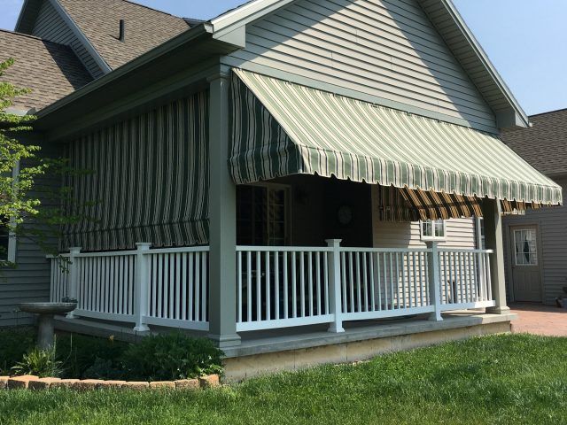 Green striped porch awnings with a drop curtain | Kreider's Canvas .