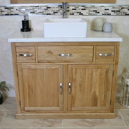 Buy Bathroom Vanity Unit Solid Oak With White Marble Top & Online .