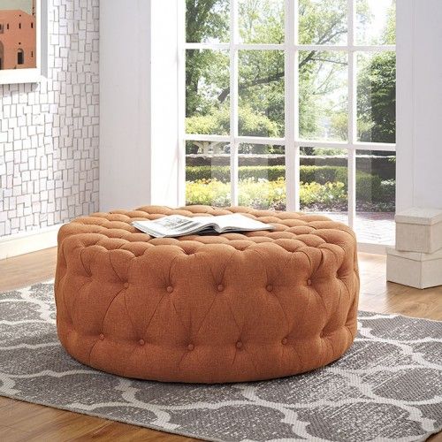 Burnt Orange Fabric All Over Button Tufted Round Ottoman Coffee .