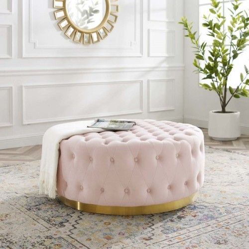 Soft Pink Velvet Totally Tufted Round Ottoman Coffee Table Gold .