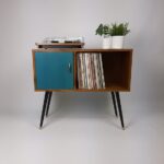 Walnut Sideboard Vinyl Record Storage Blue Door & Brass - Et
