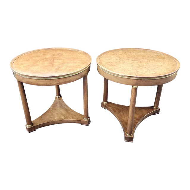 Vintage Round Burlwood Topped Bouillotte Side Tables - a Pair .