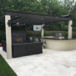 Steel Pergola with motorized shade system, nicely integrated with .