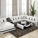 Sydney Large Leather Sectional with Side Table - White & Black (D .