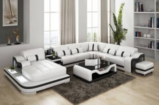 Sydney Large Leather Sectional with Side Table - White & Black (D .