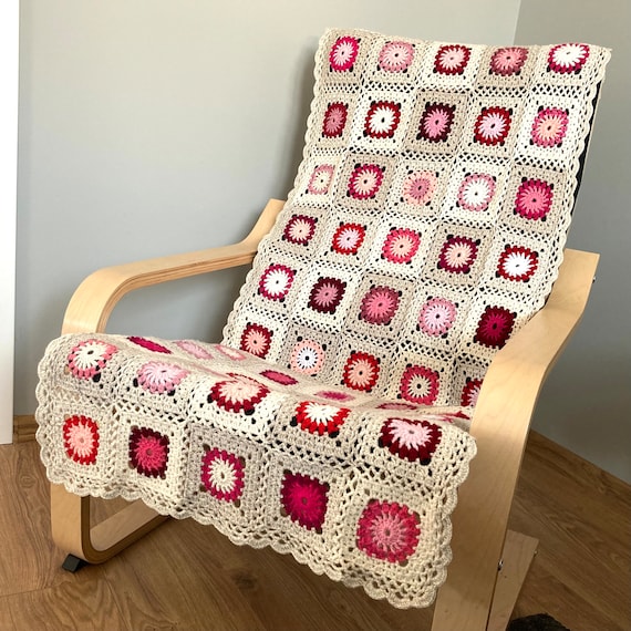 Hand Crochet Bed Scarf Handmade Pink Red Cream Wool Acrylic - Et