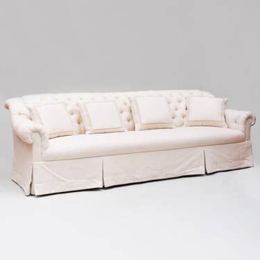 Large Tufted Linen Upholstered Sofa with Four Matching .