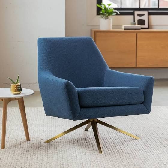 Blue Fabric Swivel Armchair, Gold Legs | Article Spin Modern .