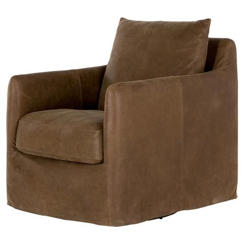 Devlin Industrial Brown Leather Cushion Back Slipcover Swivel Arm .