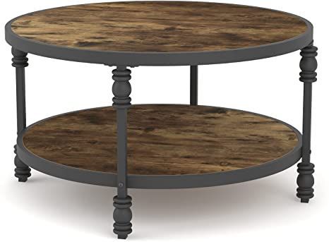 Kiimeey Round Coffee Table 2-Tier Industrial Black Metal Frame .