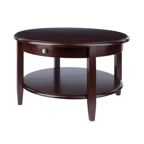 Concord Round Coffee Table With Drawer And Shelf - Antique Walnut .